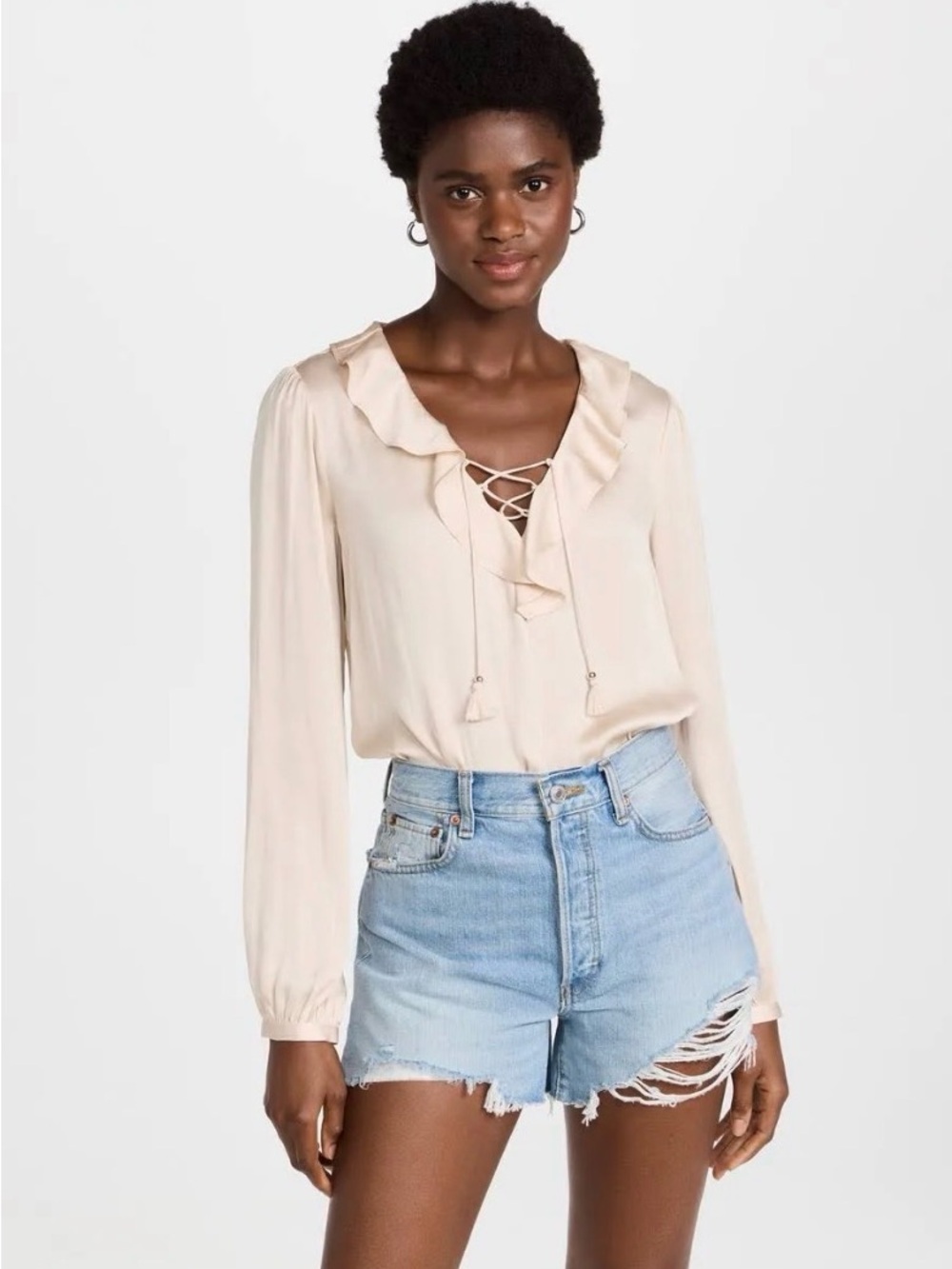 PAIGE Ilara Satin Light Beige Ruffle Lace-Up Long Sleeve Blouse